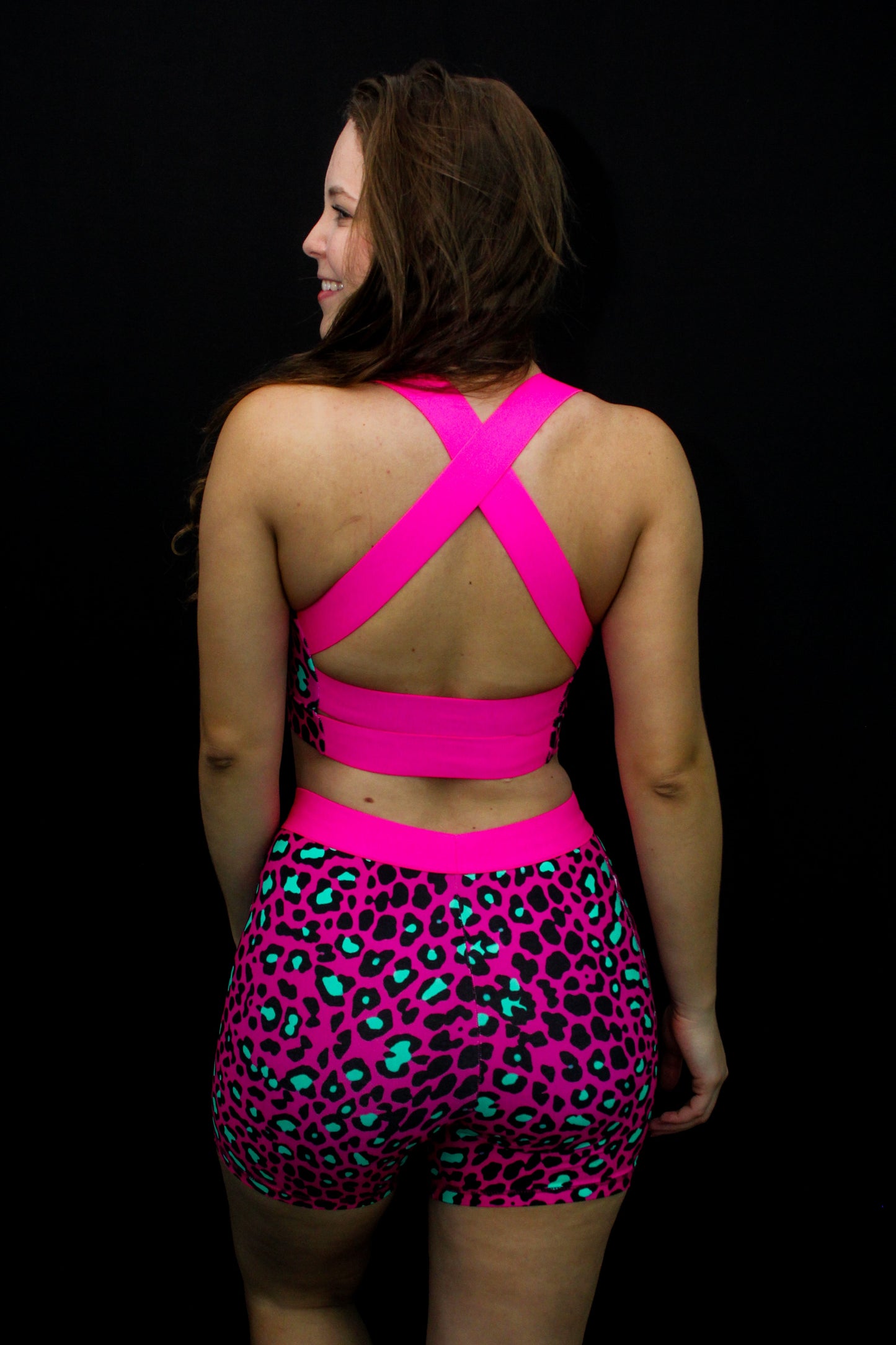 Color Pink Leopard Sports Bra with elastic