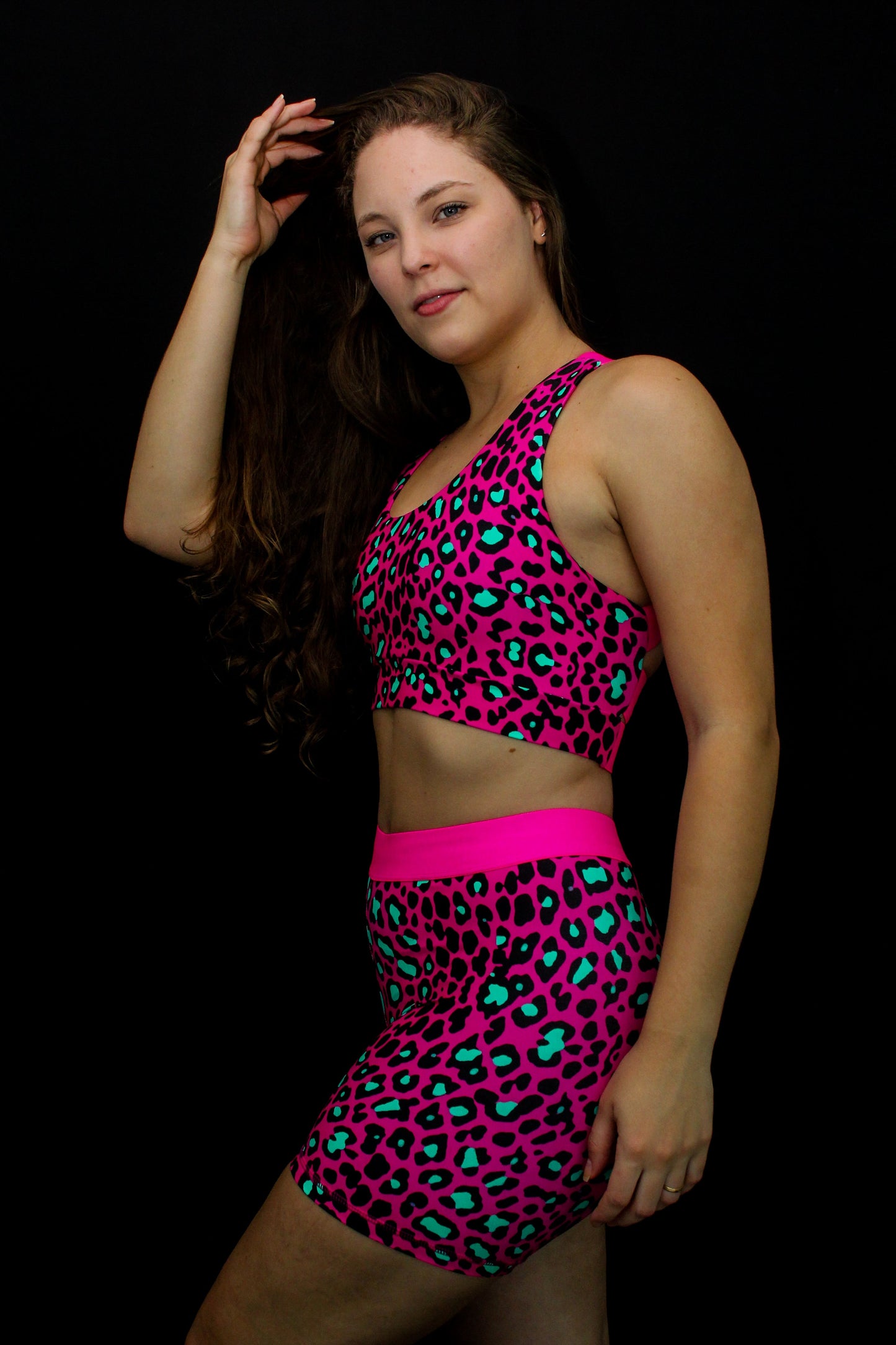 Color Pink Leopard Sports Bra with elastic