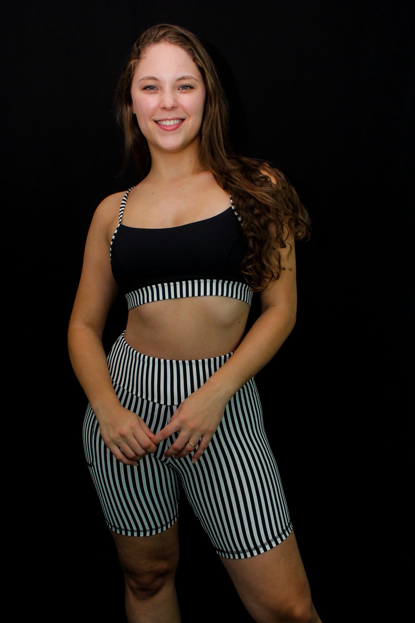 Black and white Stripe Shorts with Pocket - high waist