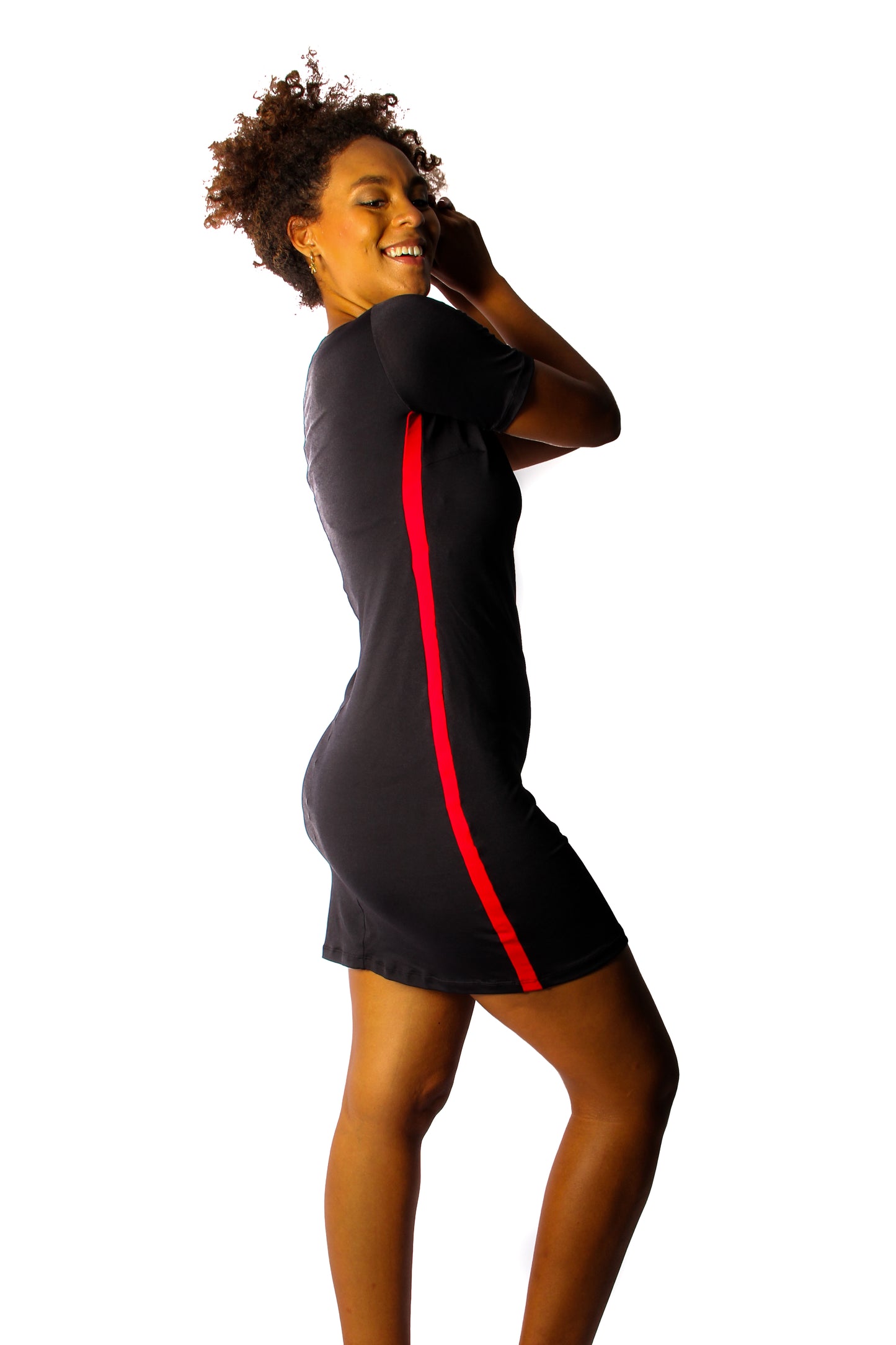 Black with red stripe on the side Dress with sleeves