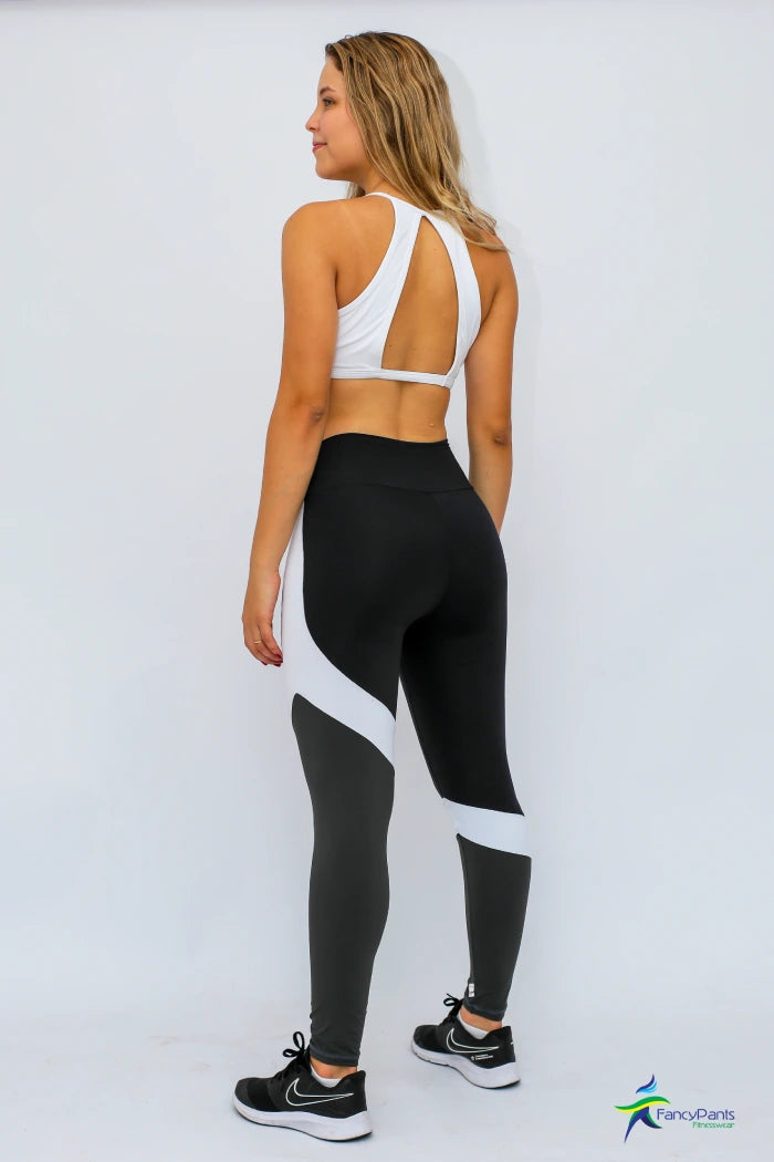 Classic Lines Tri color Leggings with Pocket - black white and gray