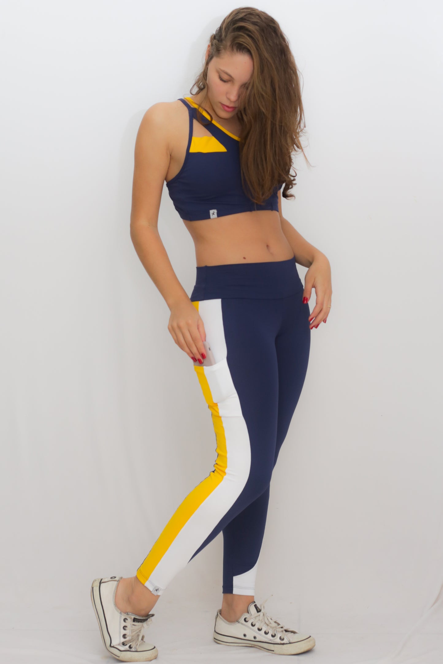 College Style yellow, white blue Leggings With Pocket