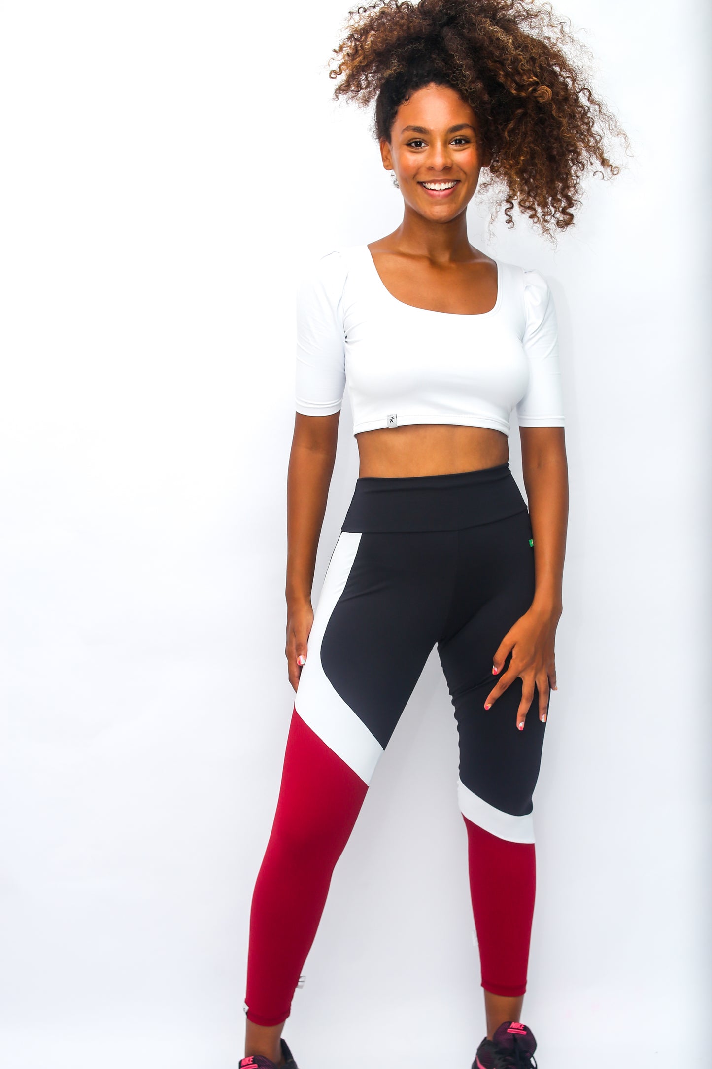 Classic Lines Tri-Colors Black Red and White Leggings with Pocket - Emana Fabric