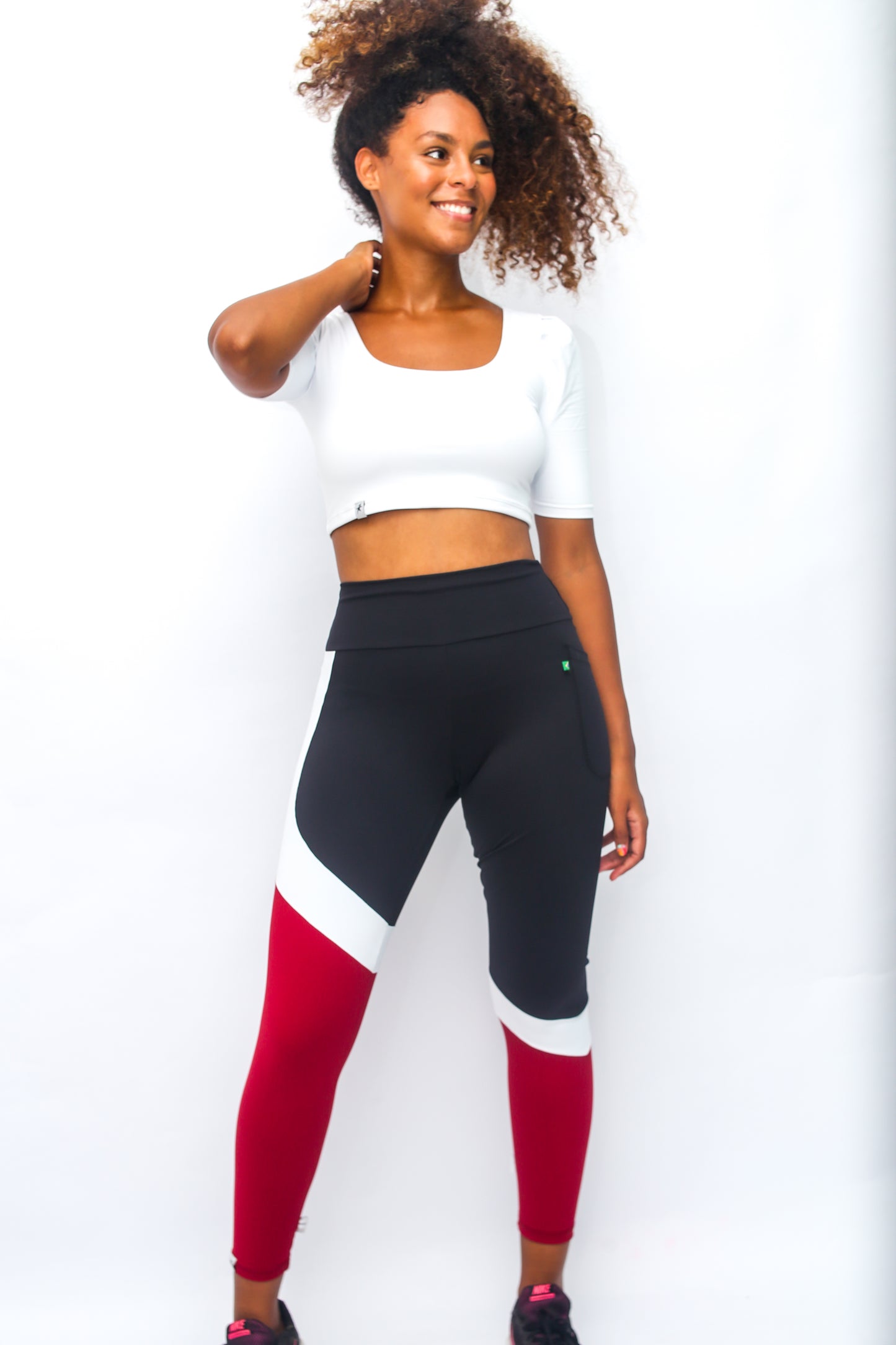 Classic Lines Tri-Colors Black Red and White Leggings with Pocket - Emana Fabric