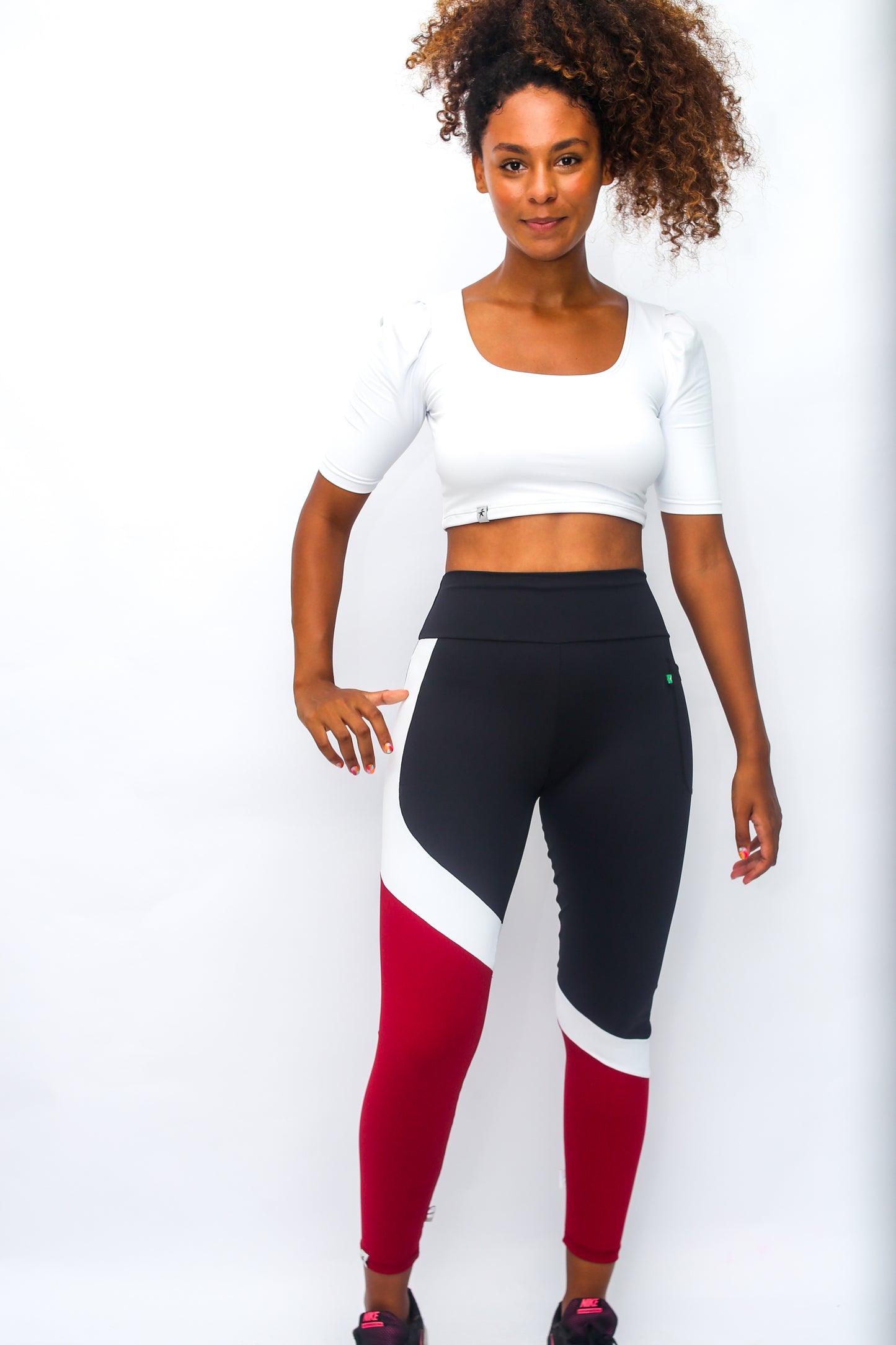Classic Lines Tri-Colors Black Red and White Leggings with Pocket - Emana Fabric