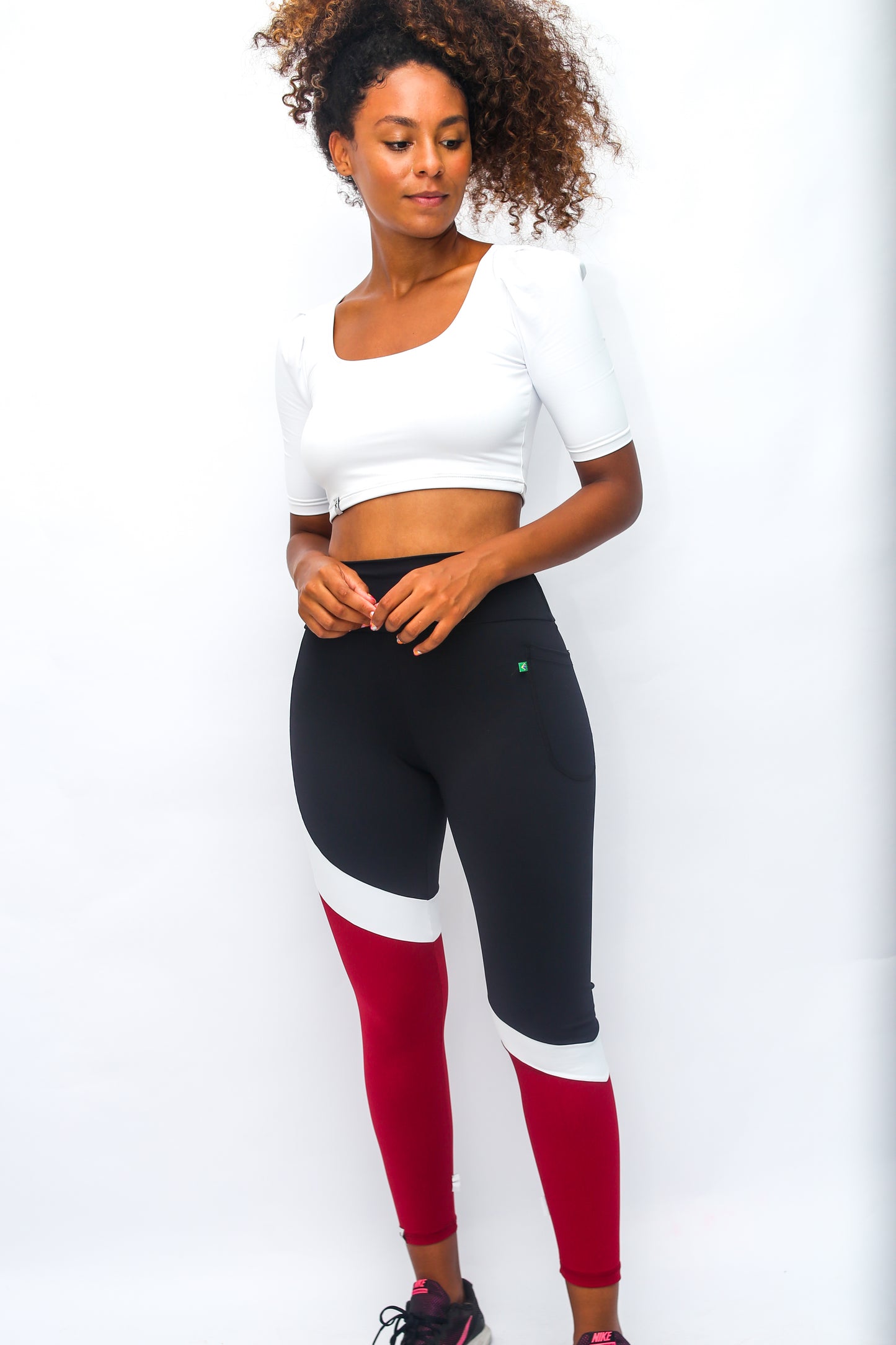 Classic Lines Tri-Colors Black Red and White Leggings with Pocket - Emana Fabric