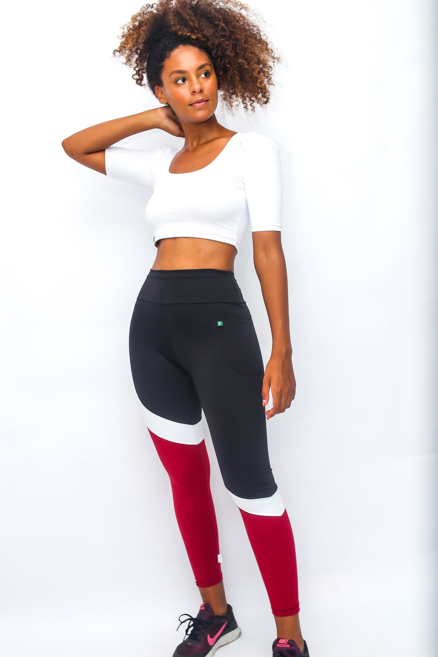 Classic Lines Tri-Colors Black Red and White Leggings with Pocket - Emana Fabric