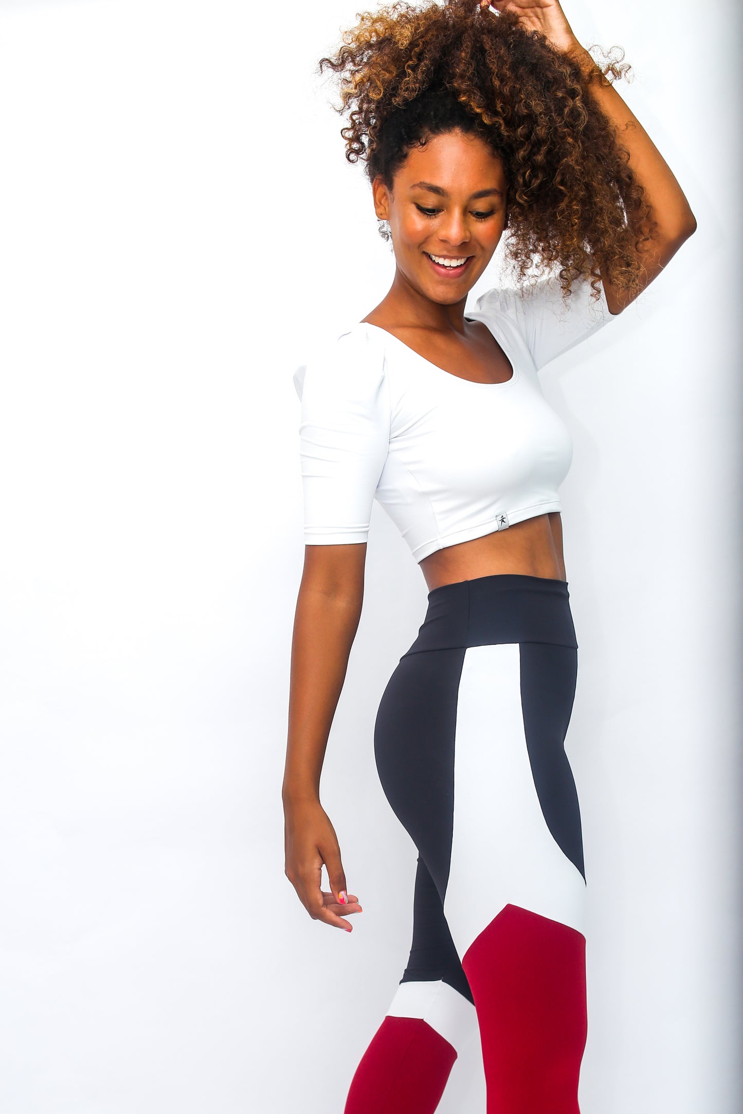 Classic Lines Tri-Colors Black Red and White Leggings with Pocket - Emana Fabric