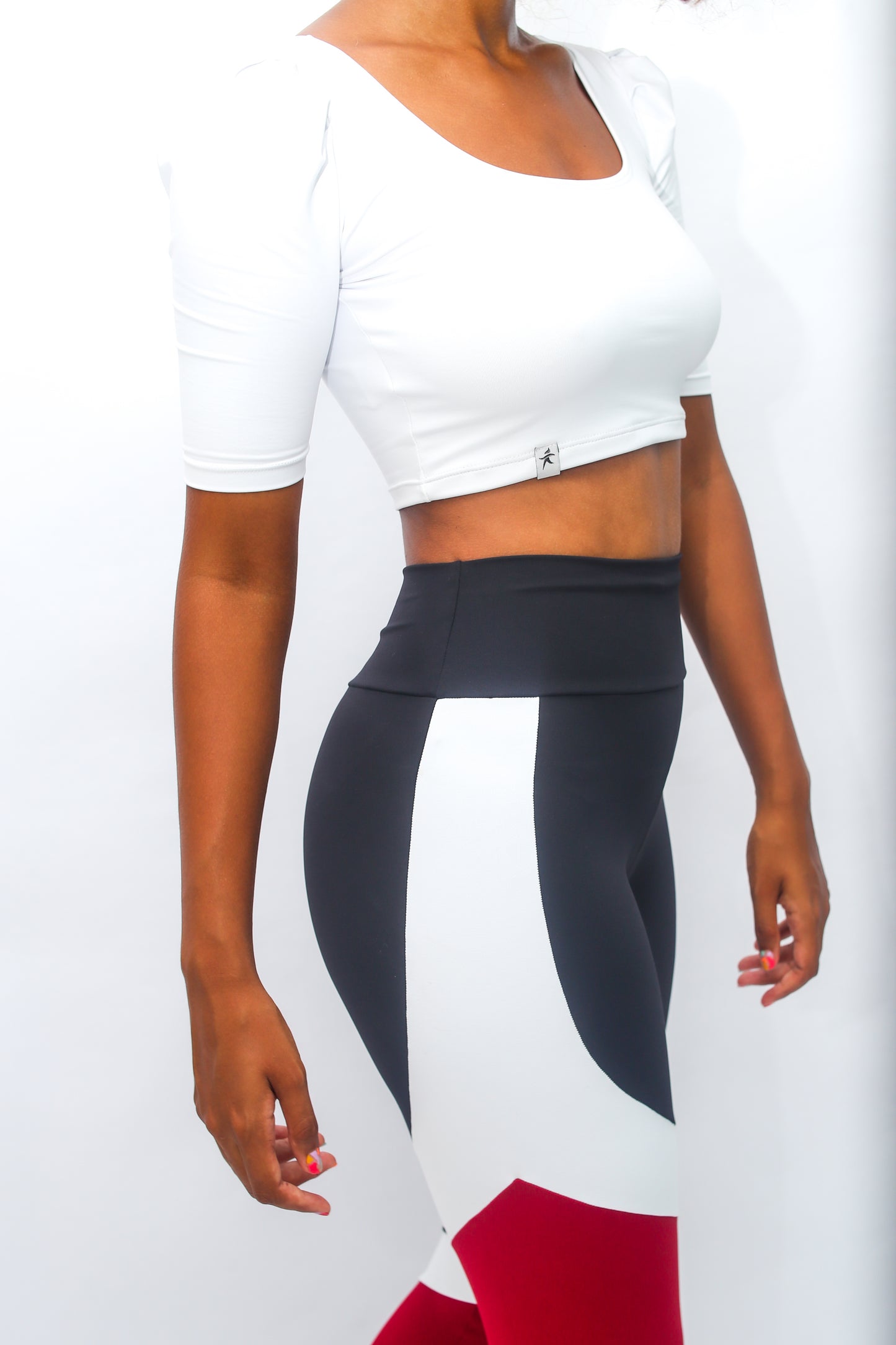 Classic Lines Tri-Colors Black Red and White Leggings with Pocket - Emana Fabric