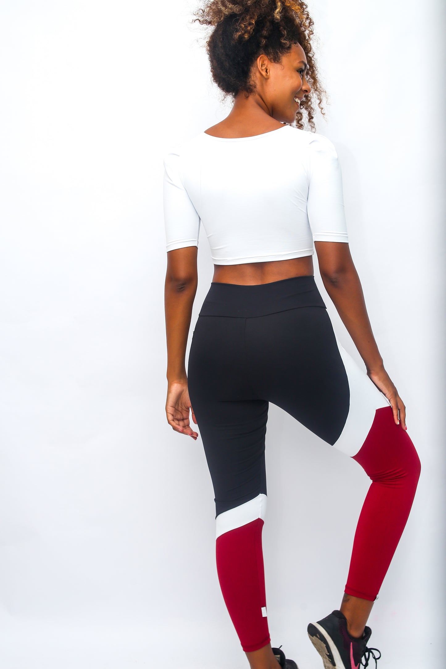 Classic Lines Tri-Colors Black Red and White Leggings with Pocket - Emana Fabric