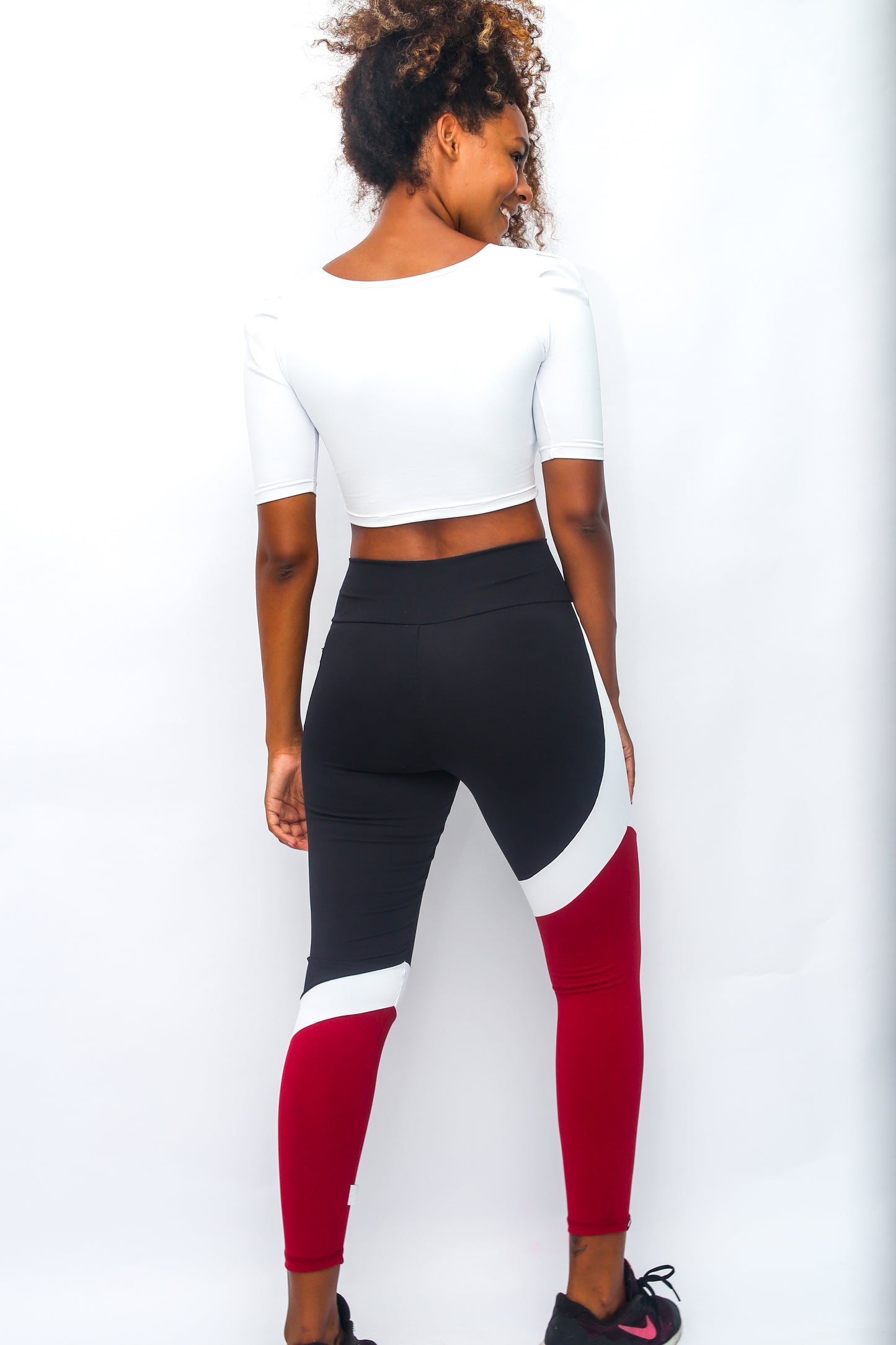 Classic Lines Tri-Colors Black Red and White Leggings with Pocket - Emana Fabric
