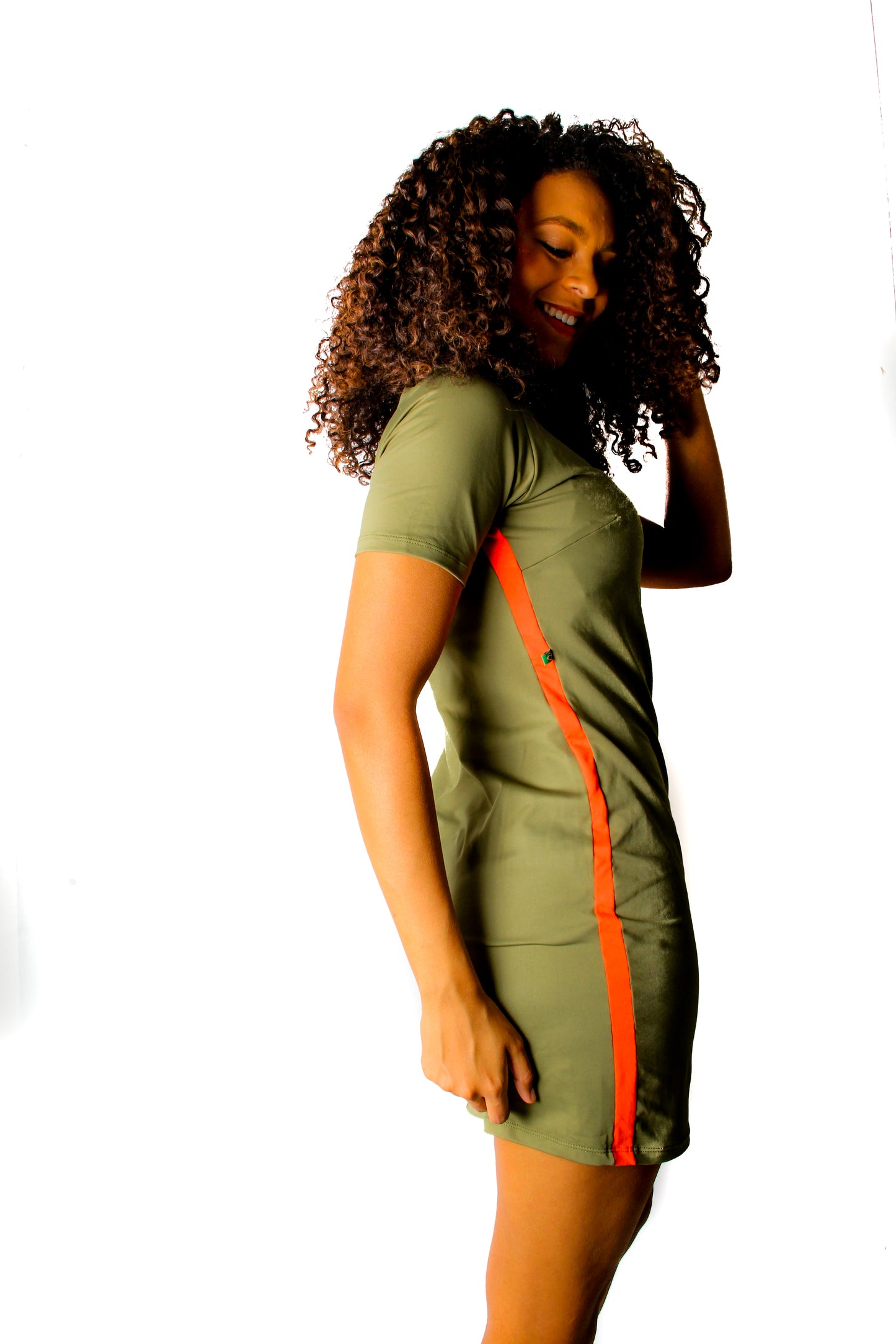 Olive Green with Orange stripe on the side Dress with sleeves