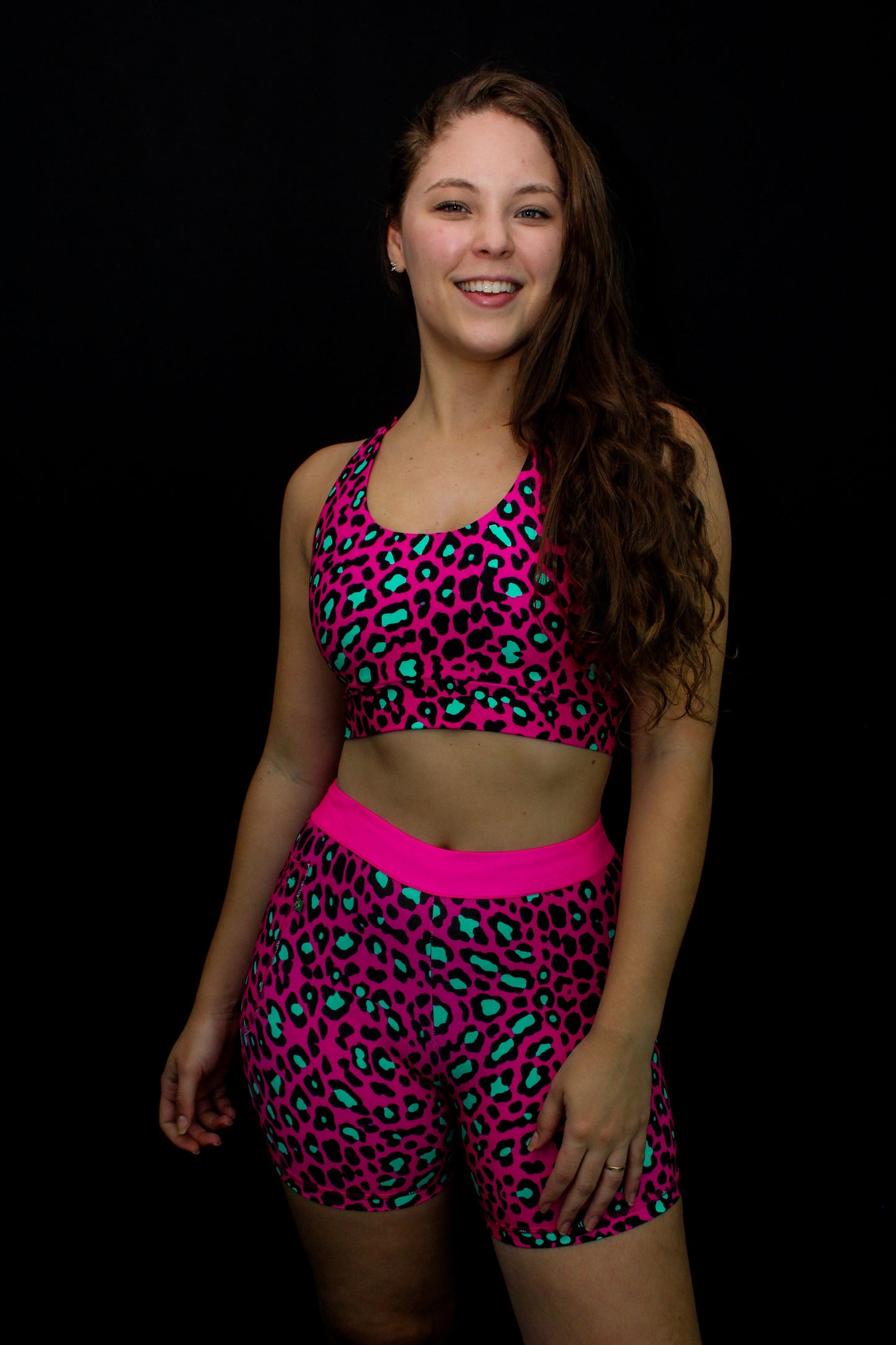 Color Pink Leopard Sports Bra with elastic