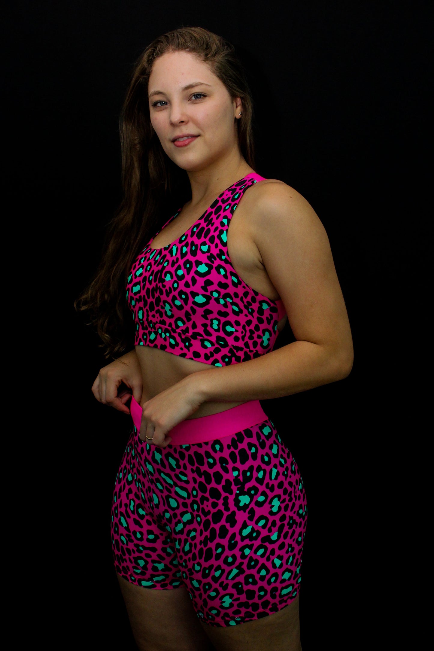 Color Pink Leopard Sports Bra with elastic