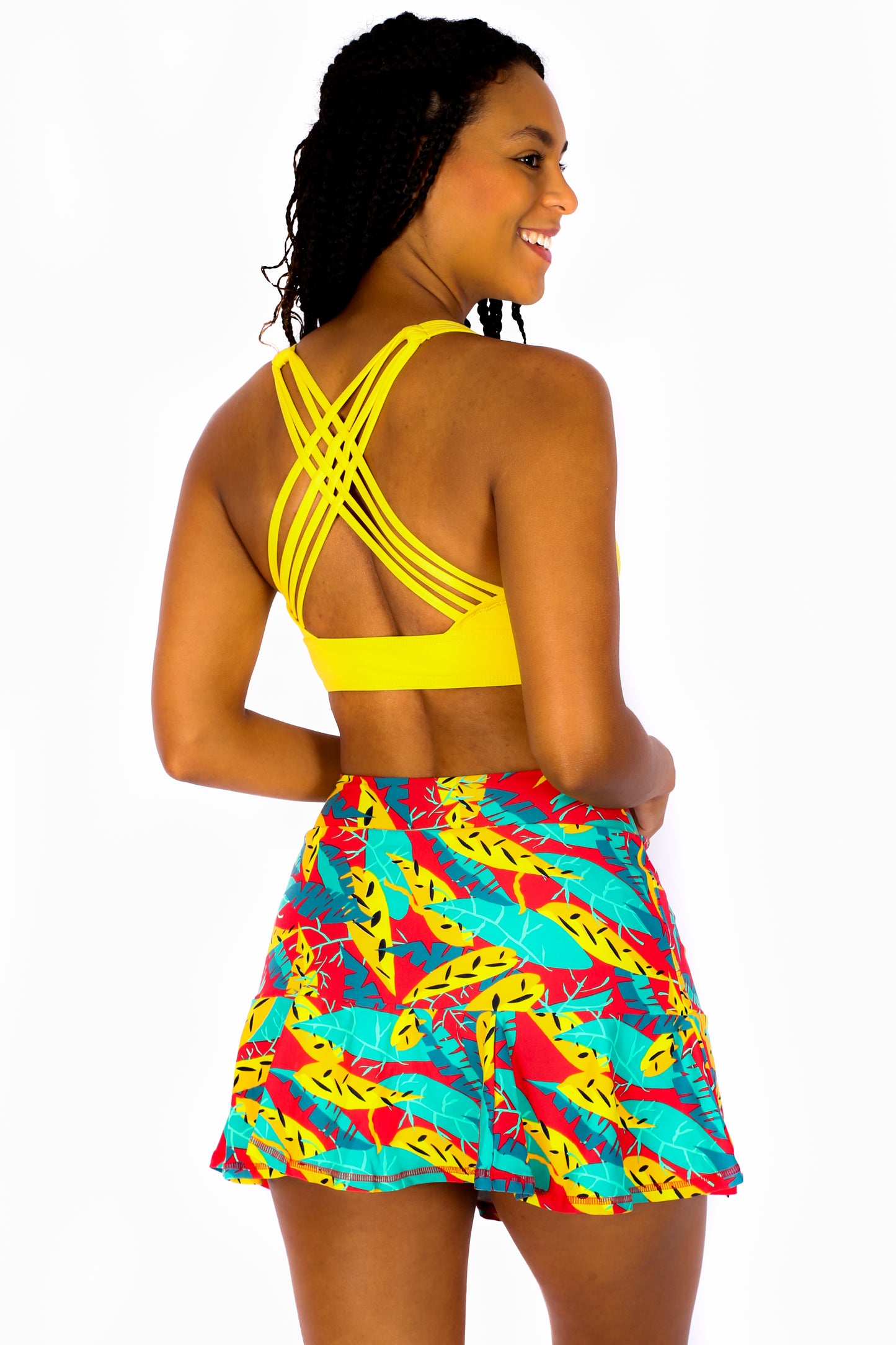 Carmen Miranda Set Shorts Skirt and Sports bra same print spots bra with elastics - Pocket