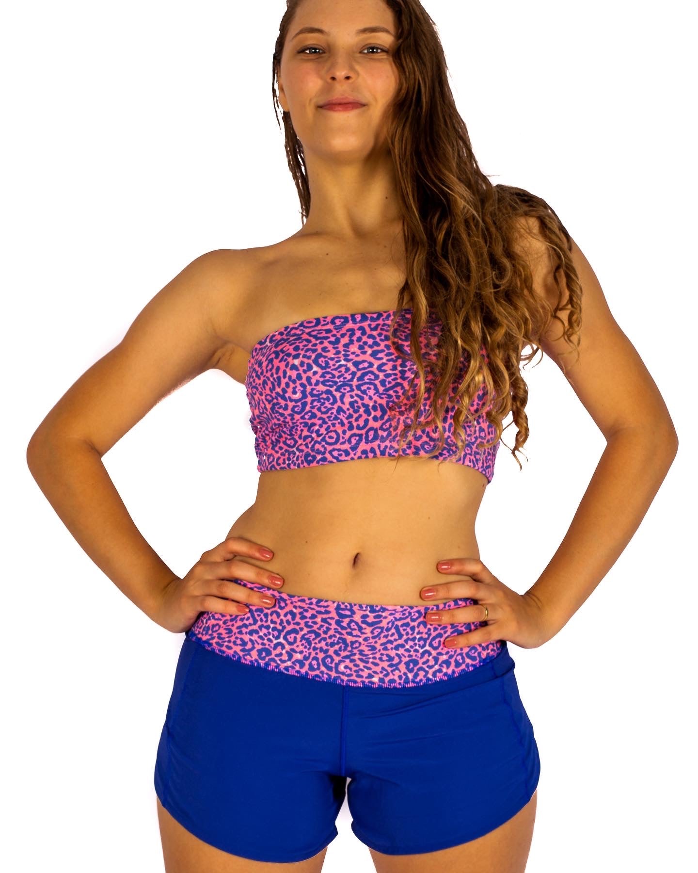 Running Shorts -  Purple and pink animal print on waist and under wear with pocket