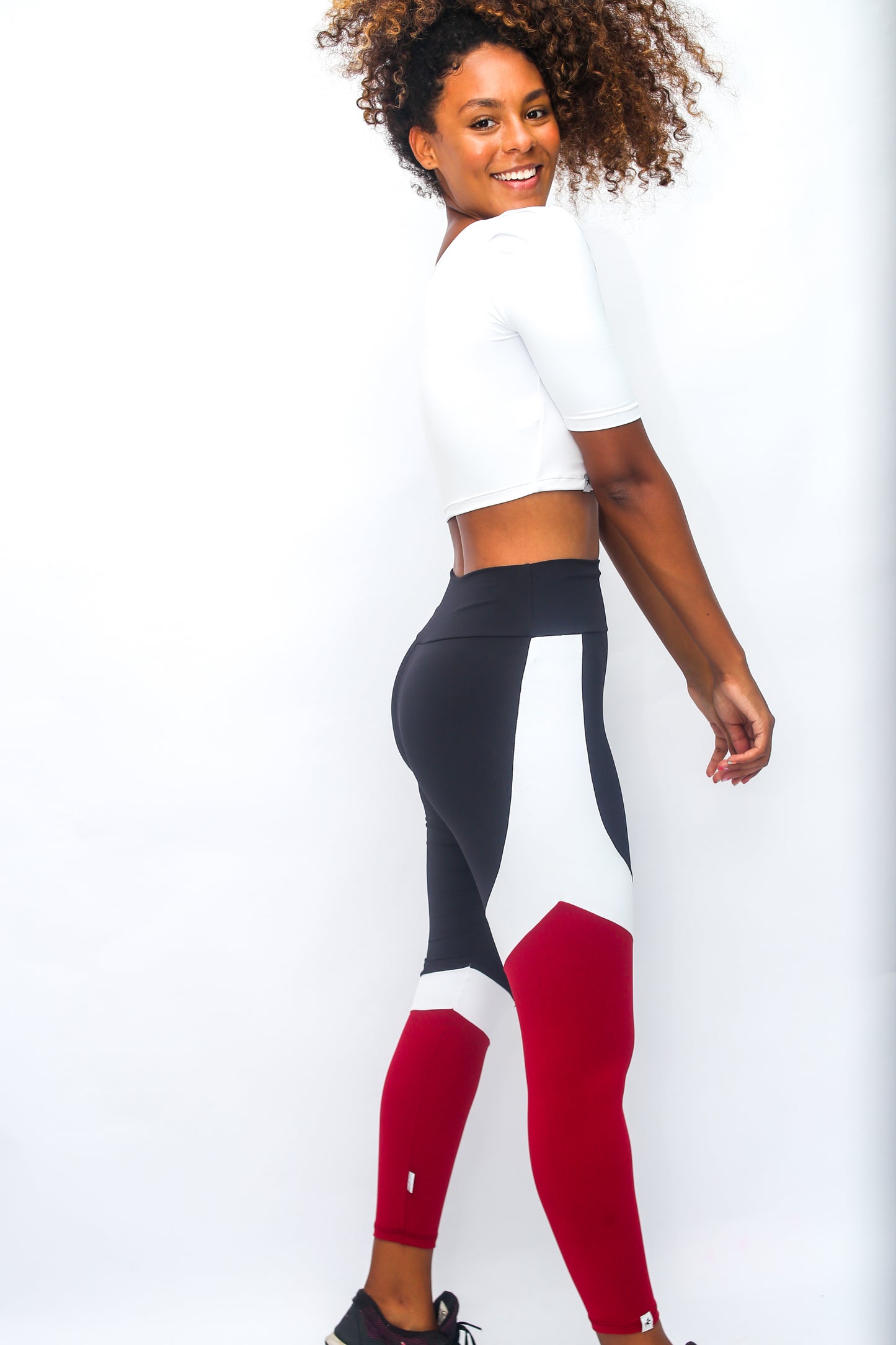 Classic Lines Tri-Colors Black Red and White Leggings with Pocket - Emana Fabric