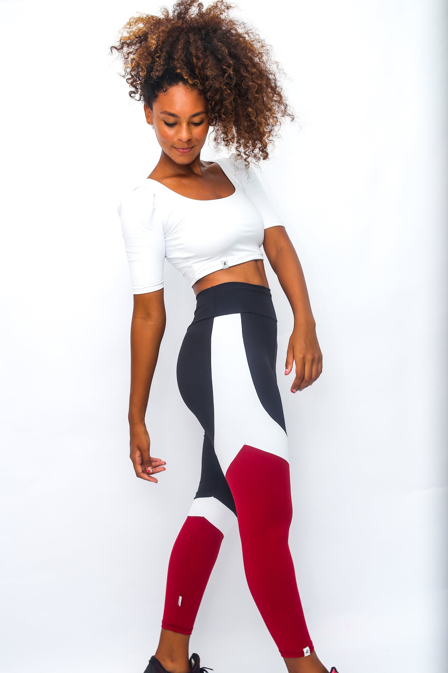 Classic Lines Tri-Colors Black Red and White Leggings with Pocket - Emana Fabric