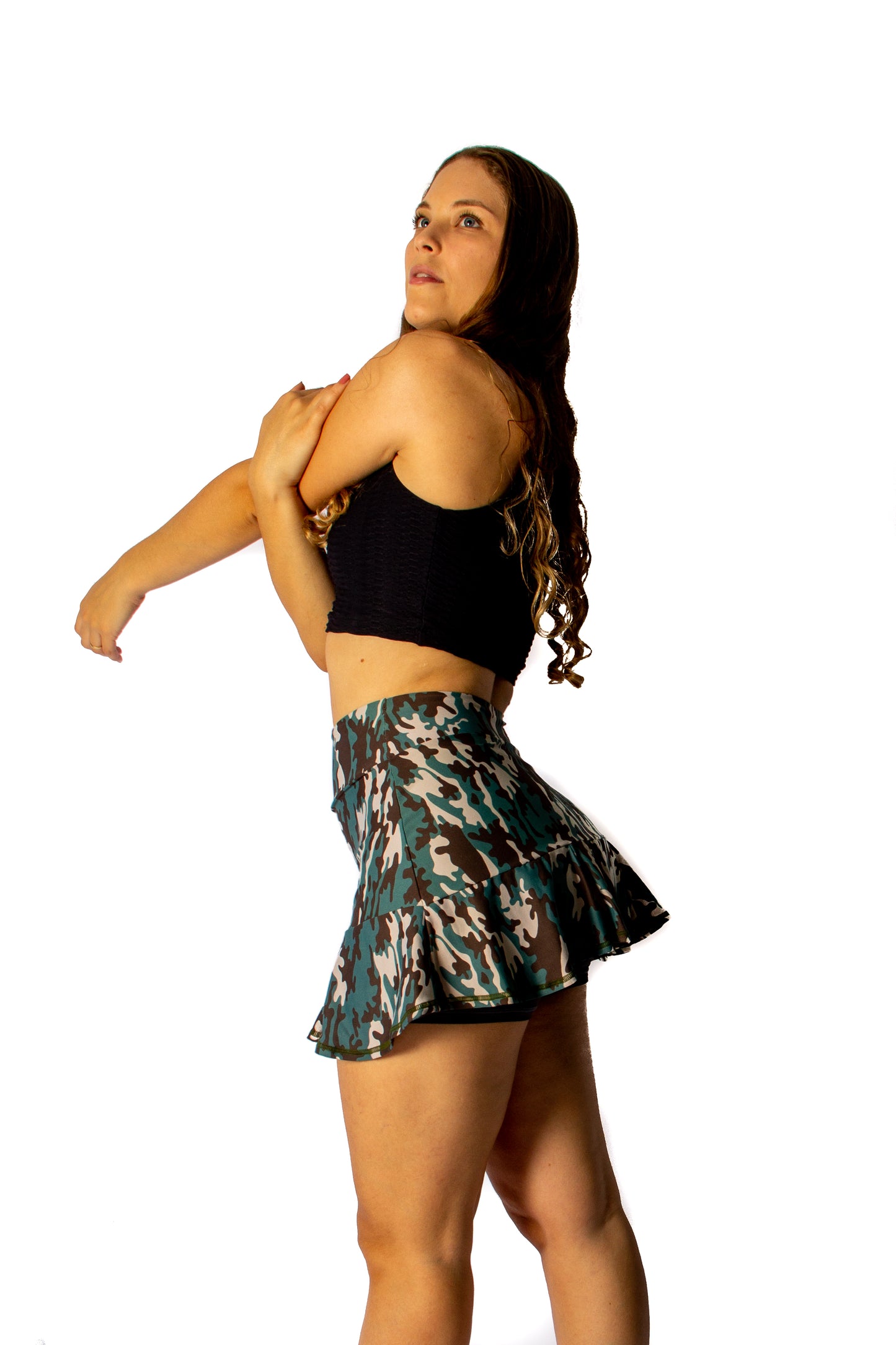 Green Camouflage Short Skirt Flow with Pocket